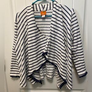 Hearts of Palm navy/white striped open cardigan. Size Large. Tassel detail.